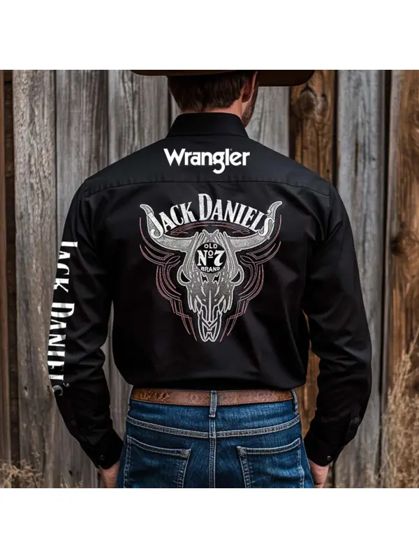 Men's Western Cowboy Outdoor PBR Whiskey Cowboy Long Sleeved Black Shirts - Ootdmw.com 
