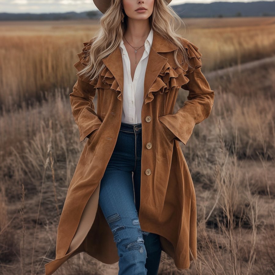

Women's Vintage Western Style Bohemian Suede Flounce Long Sleeve Cowgirl Coat