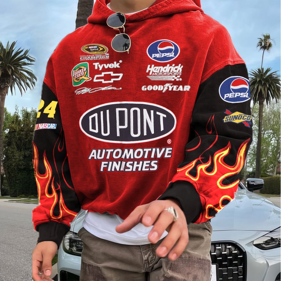 

Men's Retro Racing Print Red Oversized Hoodie