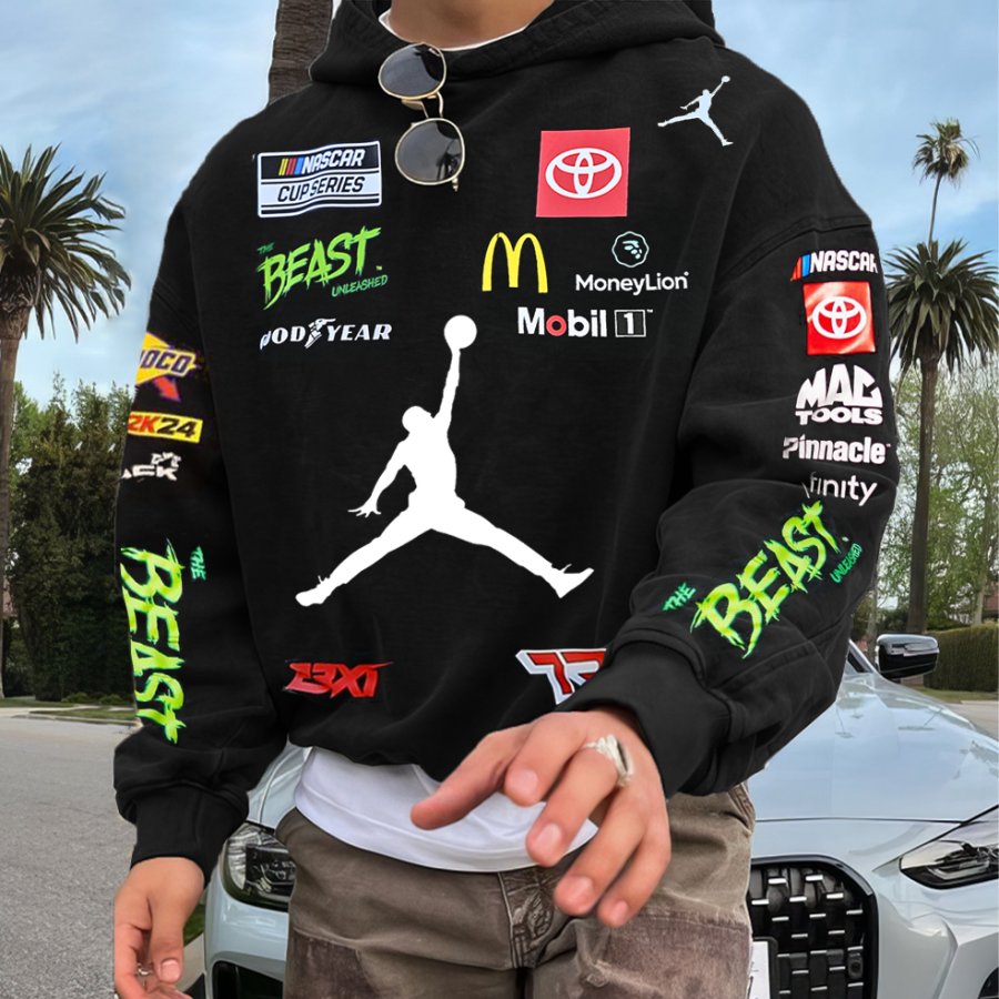 

Men's Retro Racing Print Red Oversized Hoodie