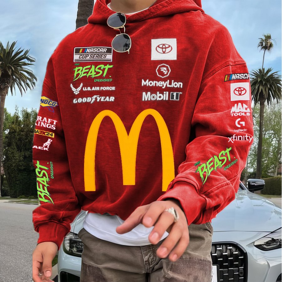 

Men's Retro Racing Print Red Oversized Hoodie