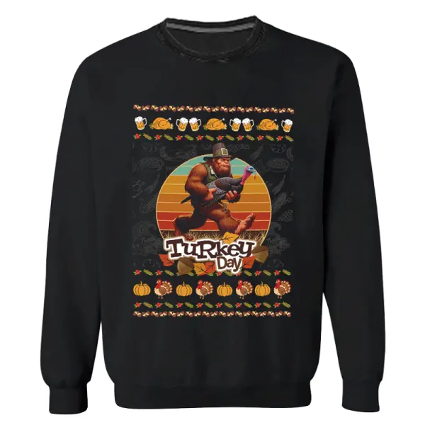 Unisex Turkey Day Bigfoot Thanksgiving Print Sweater - Wayrates.com 
