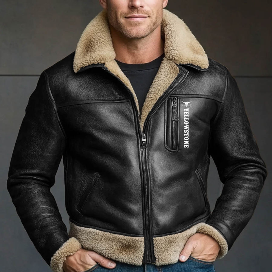 

Men's Vintage Leather Western Yellowstone Fleece Fur Lapel Collar Outdoor Motorcycle Bomber Jacket