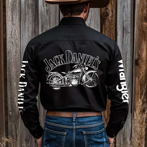 Men's Western Cowboy Outdoor PBR Whiskey Motorcycle Long Sleeved Black Shirts - Elementnice.com 