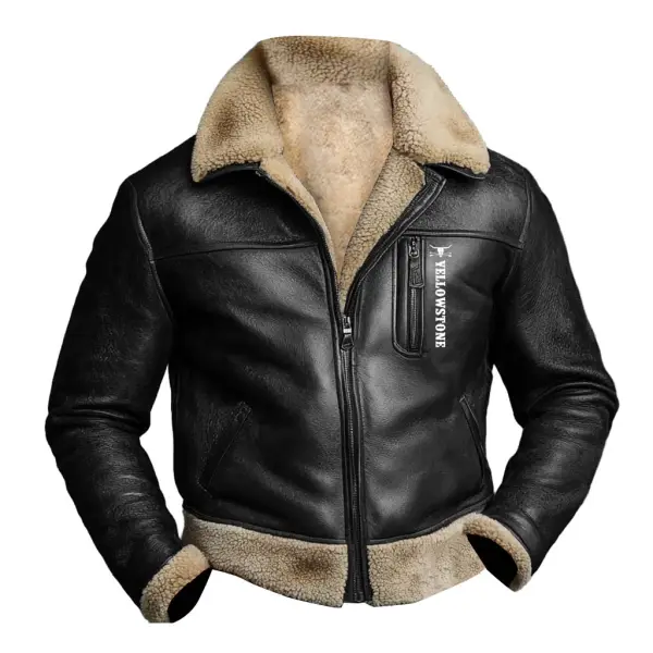 Men's Vintage Leather Western Yellowstone Fleece Fur Lapel Collar Outdoor Motorcycle Bomber Jacket - Menzfolk.com 