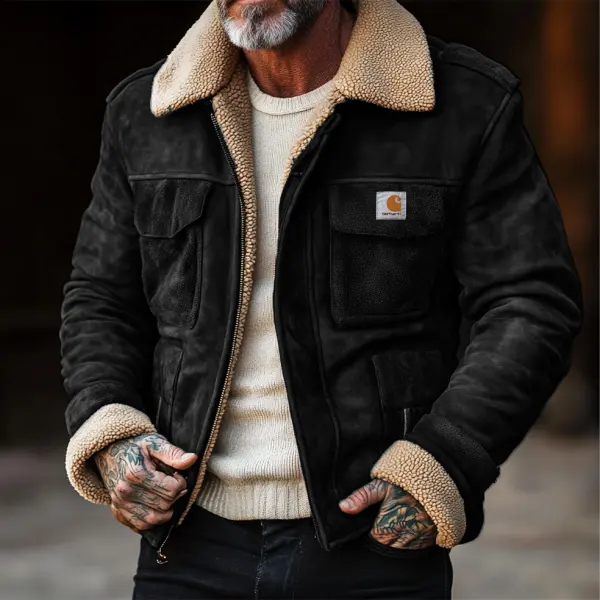 Men's Carhartt Vintage Suede Patchwork Lamb Fleece Multi-Pocket Reverse Collar Outdoor Jacket