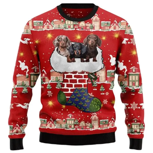 Unisex Christmas Dachshund Through The Snow 3D Print Cute Sausage Dog Ugly Sweatshirt - Wayrates.com 