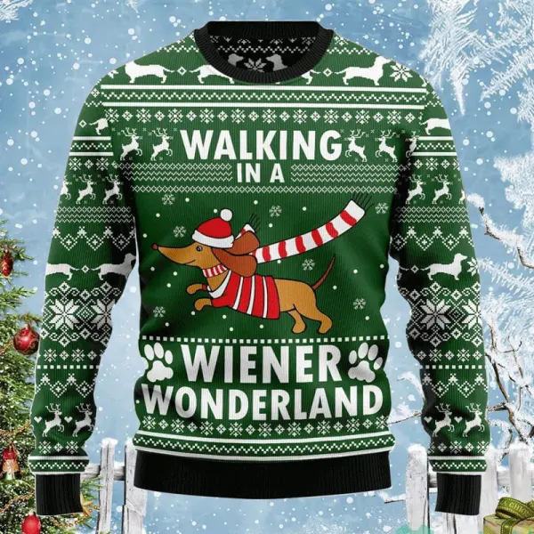 Unisex 3D Dachshund Through The Snow Christmas Funny Green Ugly Sweatshirt - Trisunshine.com 