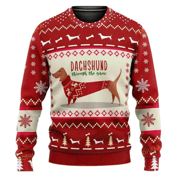 Unisex 3D Dachshund Through The Snow Christmas Funny Ugly Sweatshirt - Wayrates.com 