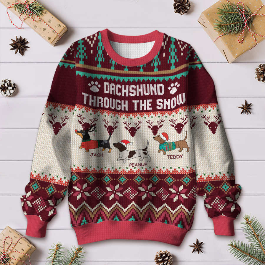 

Unisex Christmas Dachshund Through The Snow Gifts For Dog Lovers 3D Print Ugly Sweatshirt