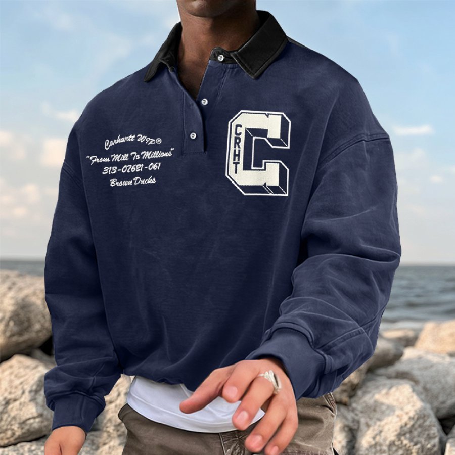 

Men's Vintage Color Block Graphic Print Polo Sweatshirt