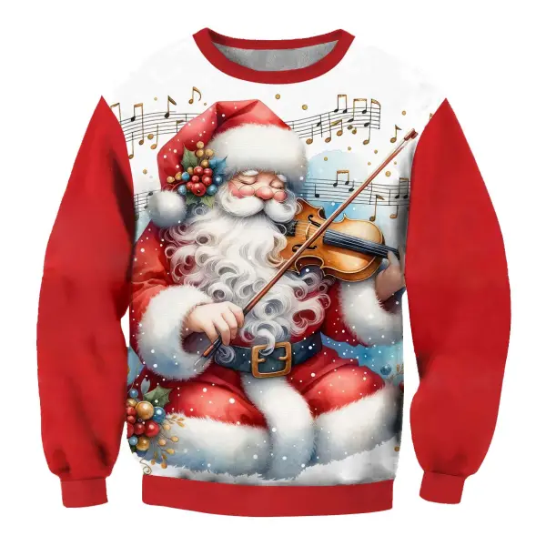 Men's Vintage Santa Play The Violin Print Crew Neck Ugly Christmas Sweatshirt - Wayrates.com 
