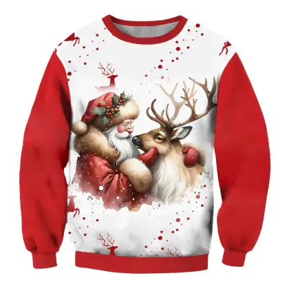 Men's Vintage Santa Elk 3D Print Crew Neck Ugly Christmas Sweatshirt