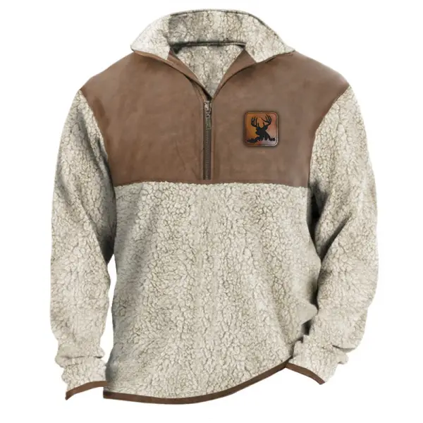 Men's Sweatshirt Vintage Elk Fleece Patchwork Leather Half Zip Stand Collar Warm Daily Tops - Cotosen.com 