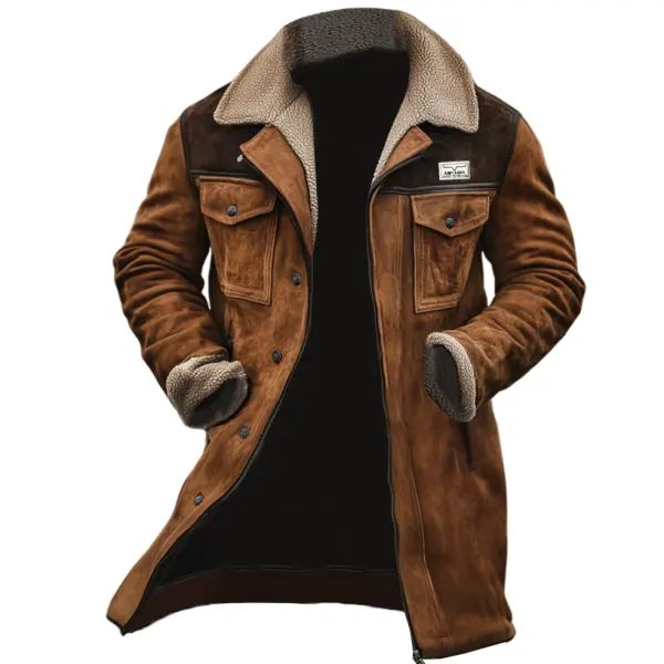 Men's Vintage Suede Patchwork Lamb Fleece Multi-Pocket Reverse Collar Outdoor Jacket Coat - Rabclub.com 