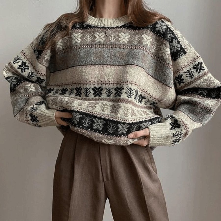 

Women's Vintage Geometric Pattern Striped Ethnic Style Print Round Neck Oversize Sweatshirt