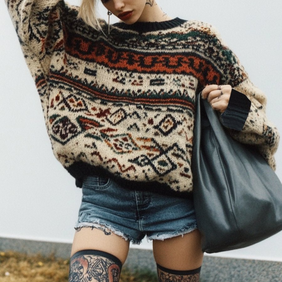

Women's Vintage Ethnic Style Print Round Neck Oversized Sweatshirt