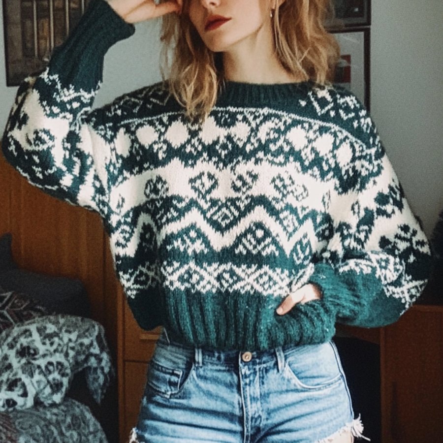 

Women's Vintage Ethnic Style Christmas Print Round Neck Oversized Sweatshirt