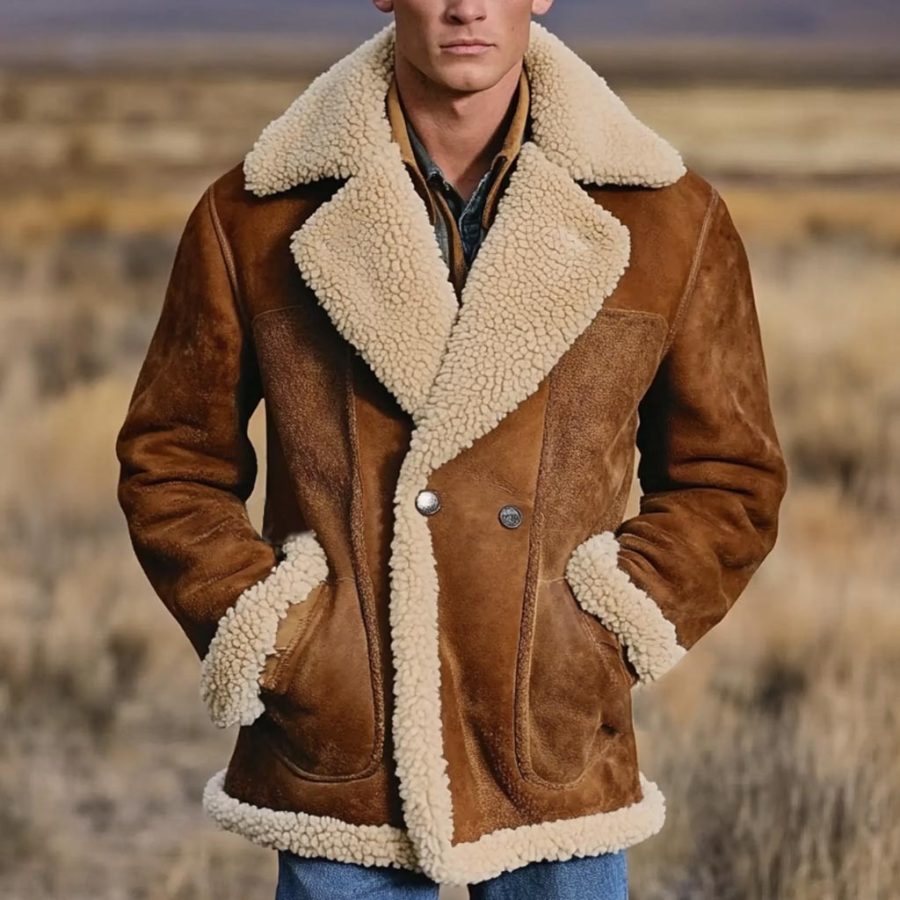 

Men's Vintage Suede Pocket Lamb Fleece Reverse Collar Outdoor Jacket Coat