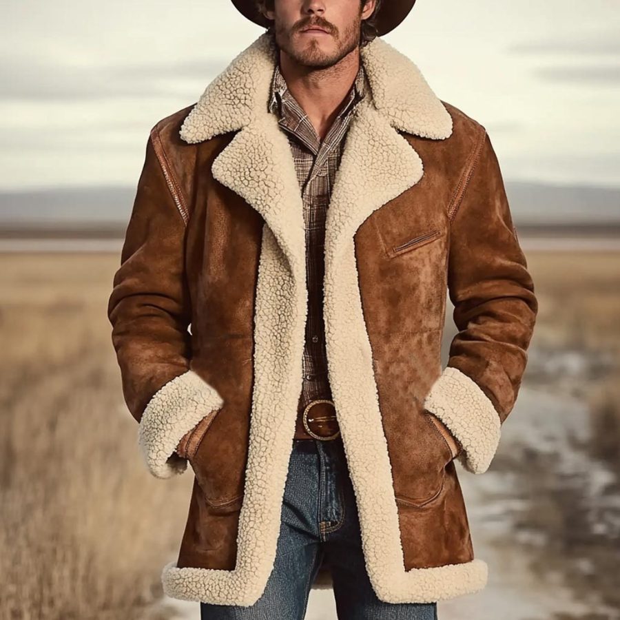 

Men's Vintage Lambskin Suede Shearling Fleece Wool Fur Coat Jacket