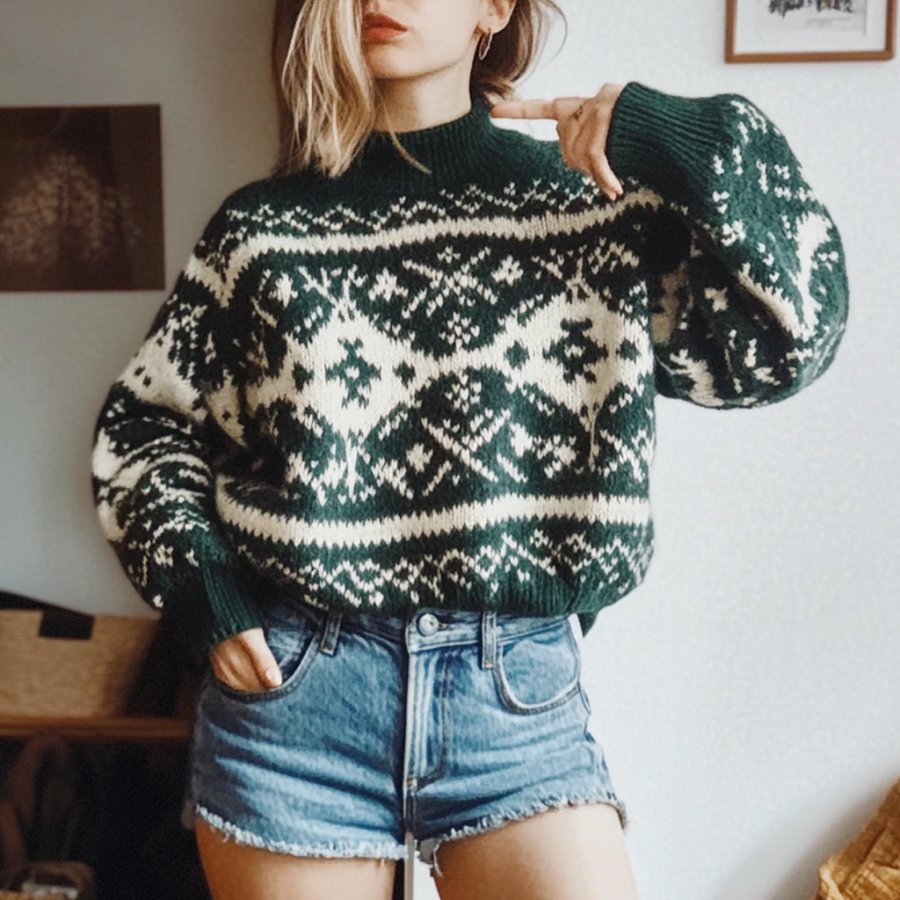 

Women's Vintage Ethnic Style Christmas Print Round Neck Oversized Sweatshirt