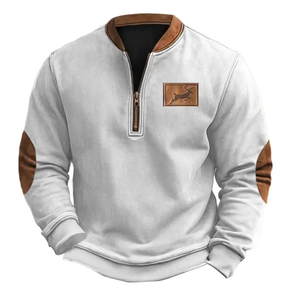 Men's Vintage Western Elk Deer Print Color Block Zipper Sweatshirt - Rabclub.com 