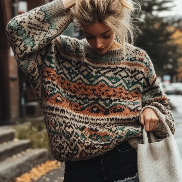 Women's Vintage Geometric Pattern Ethnic Style Print Round Neck Oversized Sweater - Elementnice.com 