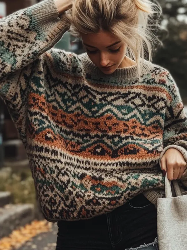 Women's Vintage Geometric Pattern Ethnic Style Print Round Neck Oversized Sweater - Menbarn.com 