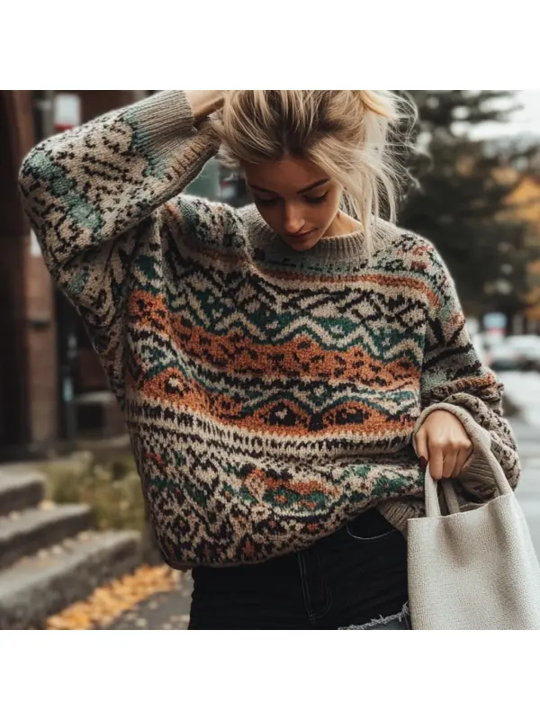 Women's Vintage Geometric Pattern Ethnic Style Print Round Neck Oversized Sweater - Realyiyi.com 