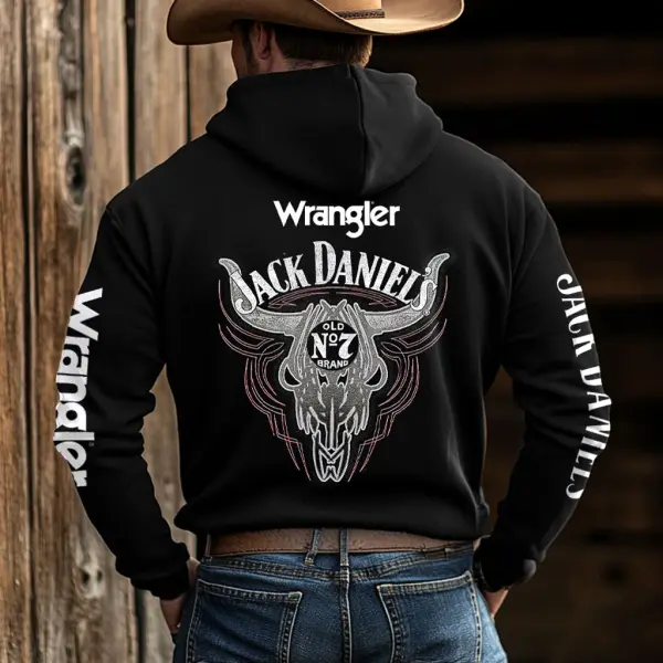 Men's Western Cowboy Outdoor PBR Whiskey Cow Head Pocket Long Sleeve Black Hoodie - Rabclub.com 