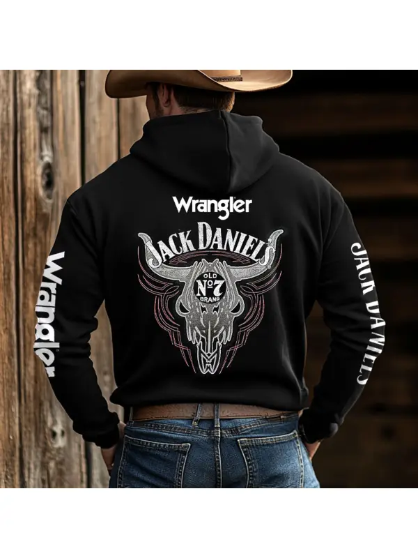 Men's Western Cowboy Outdoor PBR Whiskey Cow Head Pocket Long Sleeve Black Hoodie - Ootdmw.com 