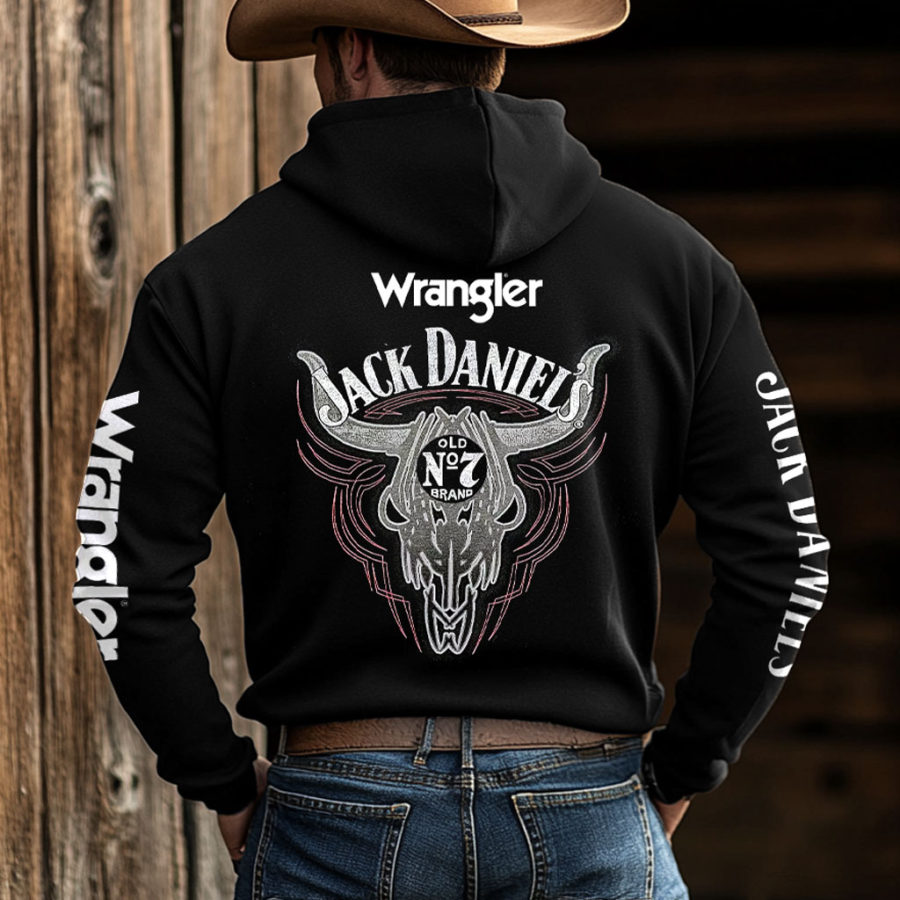 

Men's Western Cowboy Outdoor PBR Whiskey Cow Head Pocket Long Sleeve Black Hoodie