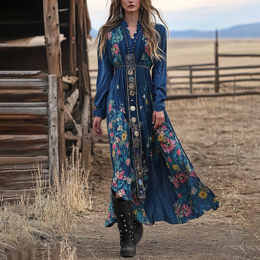 

Ladies Vintage Blue Floral Printed Western Style Long Sleeves Rustic Boho Dress