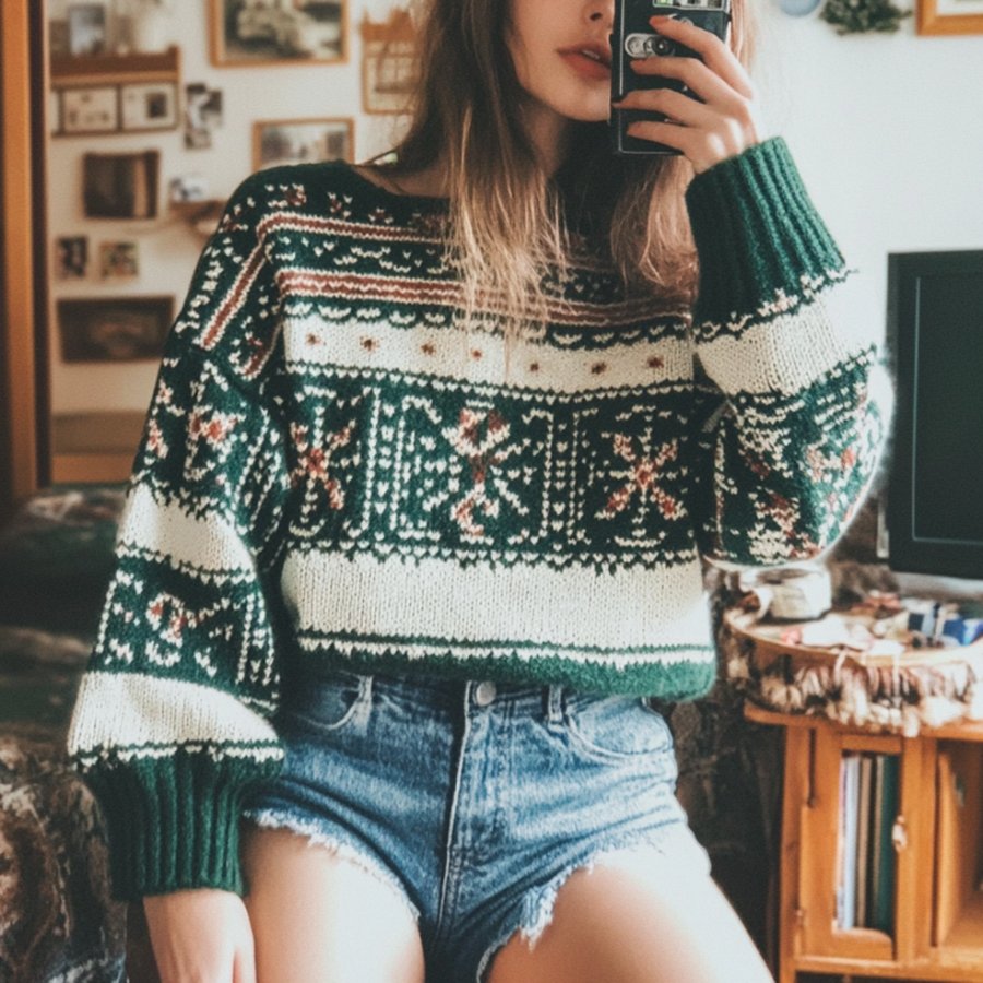 

Women's Vintage Green Ethnic Style Christmas Print Round Neck Oversized Sweatshirt