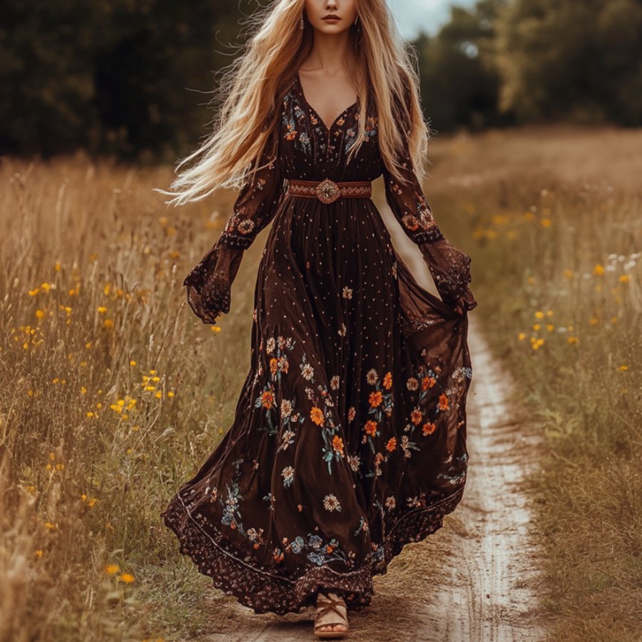 

Ladies Vintage Brown Chiffon Floral Floral Printed Western Style Long Sleeves V-neck Rustic Boho Dress