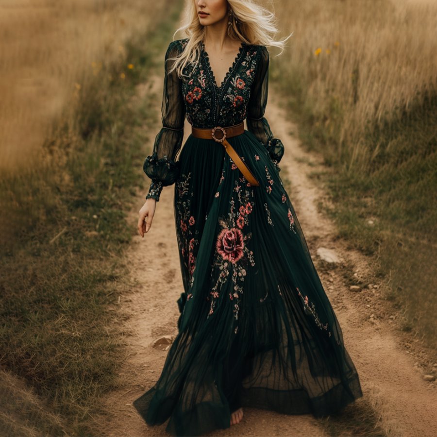 

Ladies Vintage Olive Green Chiffon Floral Floral Printed Western Style Long Sleeves V-neck Rustic Boho Dress