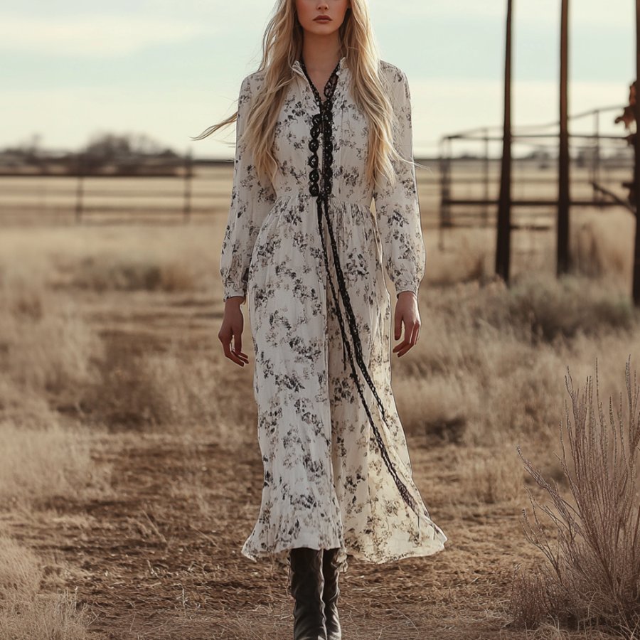 

Ladies Vintage Lace Cream Floral Printed Western Style Long Sleeves Rustic Boho Dress