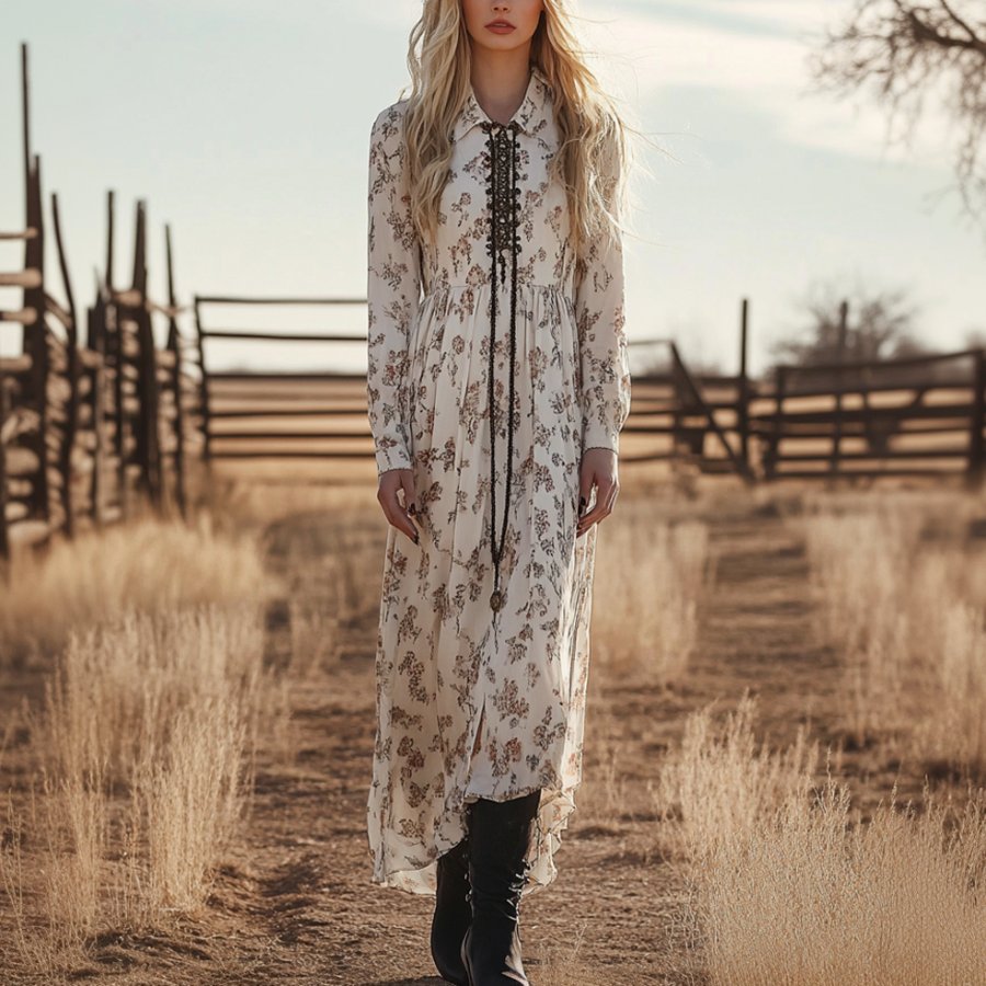 

Ladies Vintage Cream Floral Printed Western Style Lace-up Long Sleeves Rustic Boho Dress