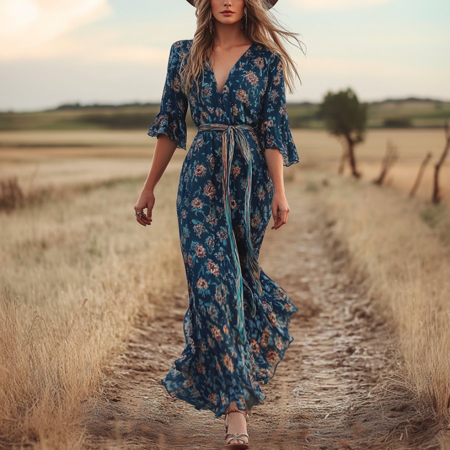 

Ladies Vintage Blue Floral Printed Western Style Long Sleeves Rustic Boho Dress