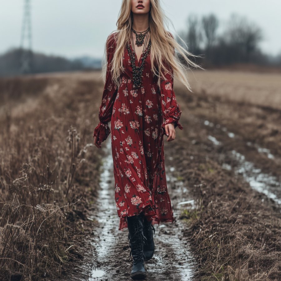 

Ladies Vintage Tomato Floral Printed Western Style Long Sleeves V-neck Rustic Boho Dress