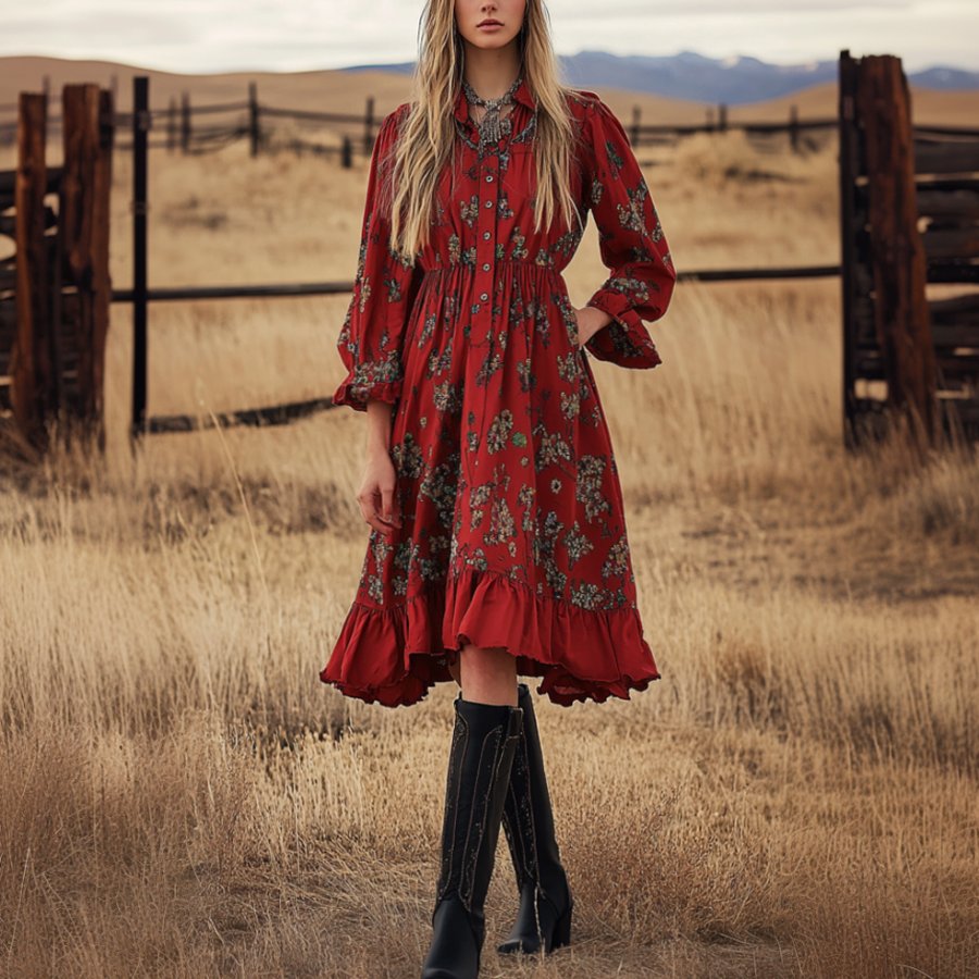 

Ladies Vintage Tomato Floral Printed Western Style Long Sleeves Shirt Collar Rustic Boho Dress