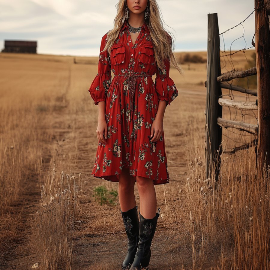 

Ladies Vintage Tomato Floral Printed Western Style Long Sleeves Shirt Collar Rustic Boho Dress