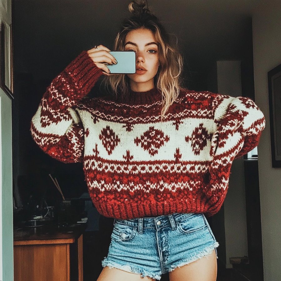 

Women's Vintage Red Ethnic Style Christmas Print Round Neck Oversized Sweatshirt