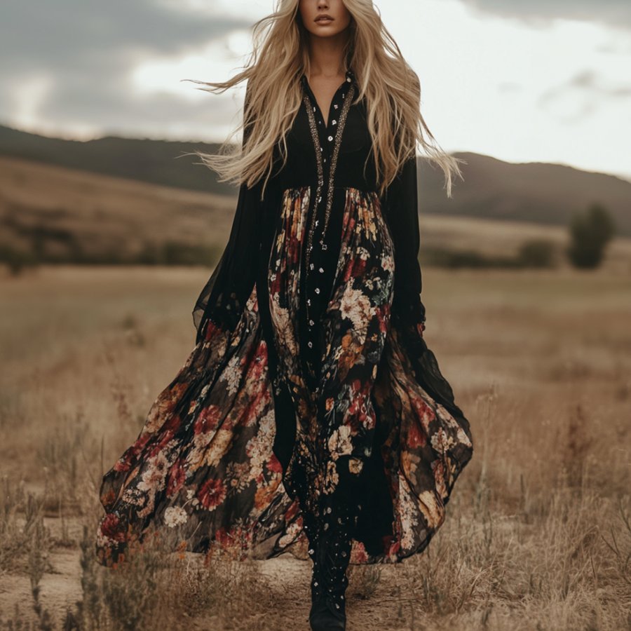 

Ladies Vintage Black Chiffon Floral Floral Printed Western Style Long Sleeves V-neck Rustic Boho Dress