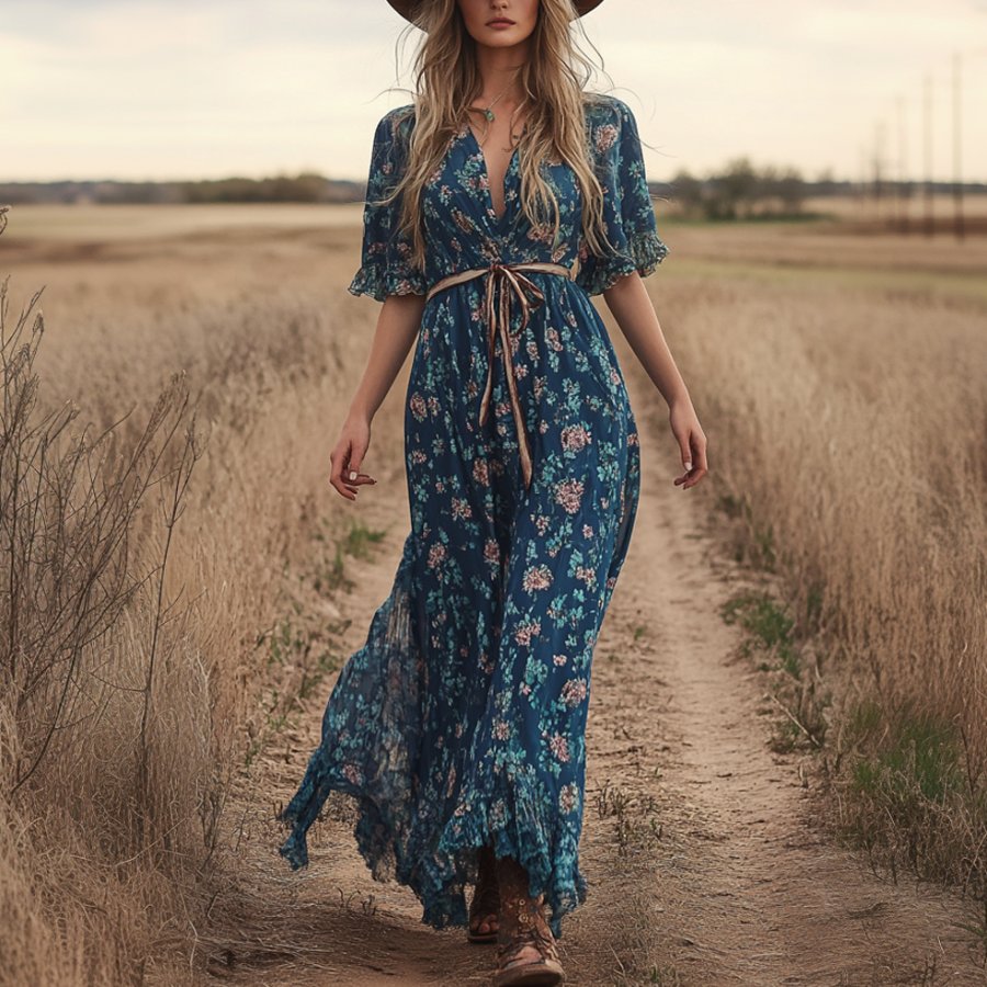 

Ladies Vintage Blue Floral Printed Western Style Long Sleeves Rustic Boho Dress