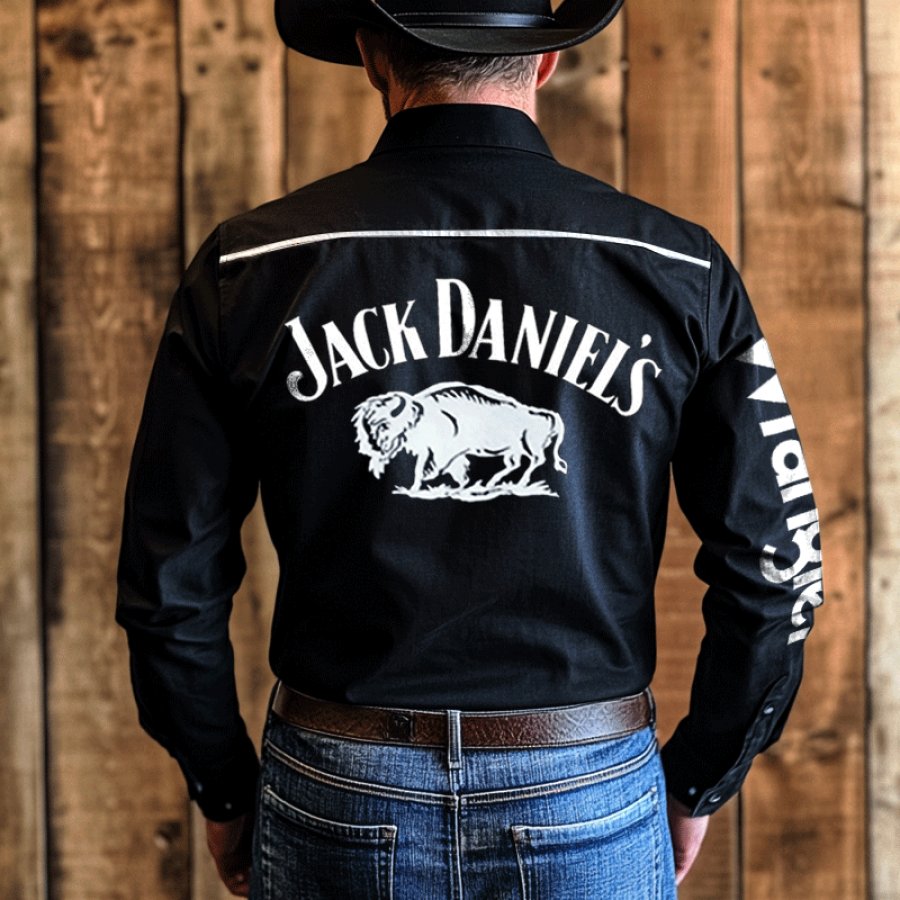 

Men's Western Cowboy Vintage Rock Mount Outdoor PBR Whiskey Cowboy PBR Team Long Sleeved Black Shirts