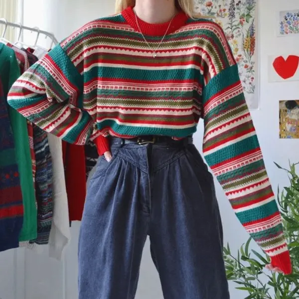 Women's Rainbow Print Round Neck Oversize Sweatshirt - Wayrates.com 