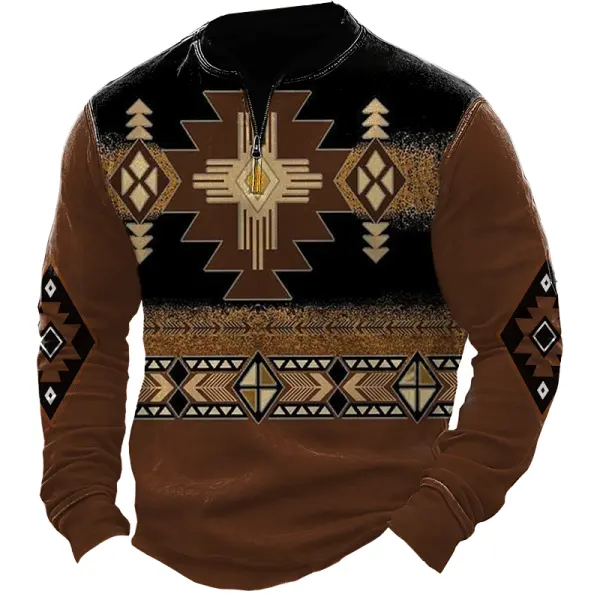 Men's Vintage Quarter Zip Collar Aztec Hunt Print Sweatshirt - Cotosen.com