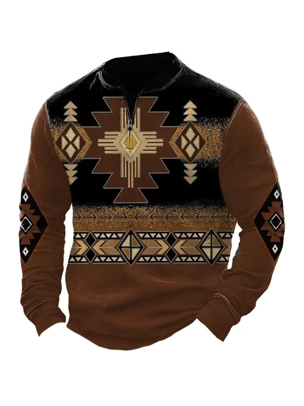 Men's Vintage Quarter Zip Collar Aztec Hunt Print Sweatshirt - Localziv.com 