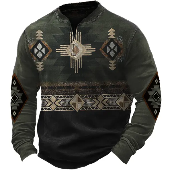 Men's Vintage Quarter Zip Collar Hunt Aztec Print Sweatshirt - Rabclub.com 